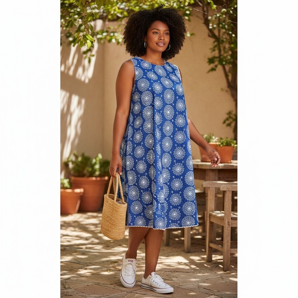 347. On 34th Womens 2X Blue Eyelet Floral Shift Dress Sleeveless Scallop Trim